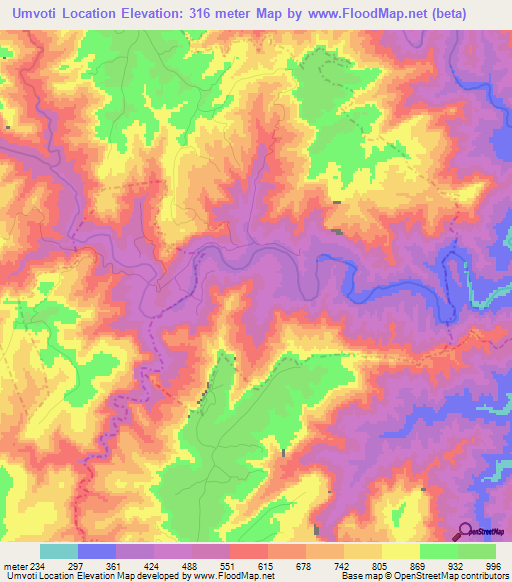 Umvoti Location,South Africa Elevation Map