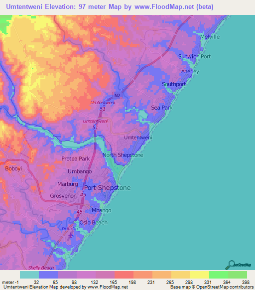 Umtentweni,South Africa Elevation Map