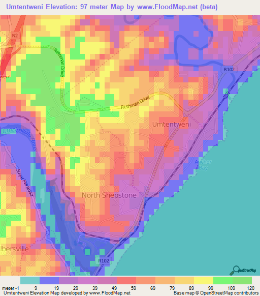 Umtentweni,South Africa Elevation Map