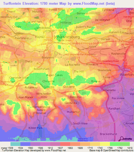 Turffontein,South Africa Elevation Map