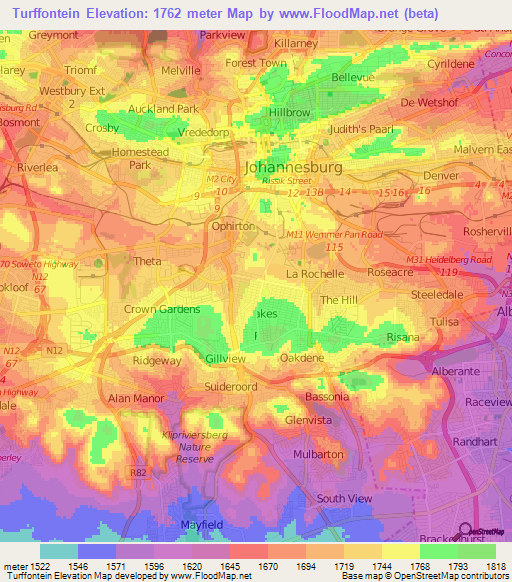 Turffontein,South Africa Elevation Map