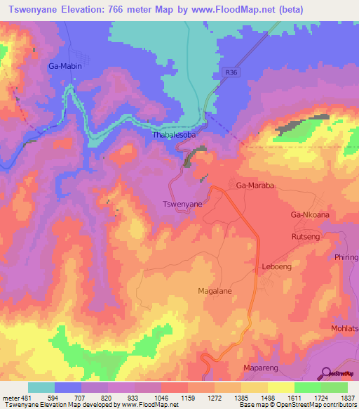 Tswenyane,South Africa Elevation Map