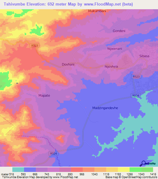 Tshivumbe,South Africa Elevation Map