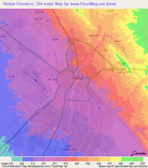 Kirkuk,Iraq Elevation Map