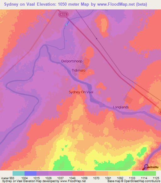 Sydney on Vaal,South Africa Elevation Map