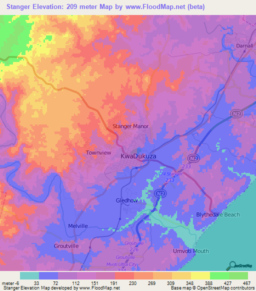 Stanger,South Africa Elevation Map