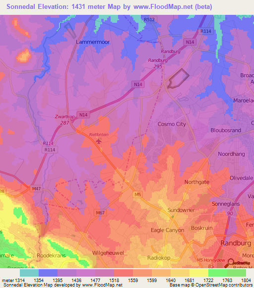 Sonnedal,South Africa Elevation Map