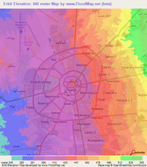 Erbil,Iraq Elevation Map