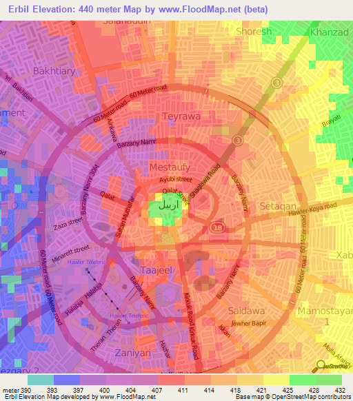 Erbil,Iraq Elevation Map