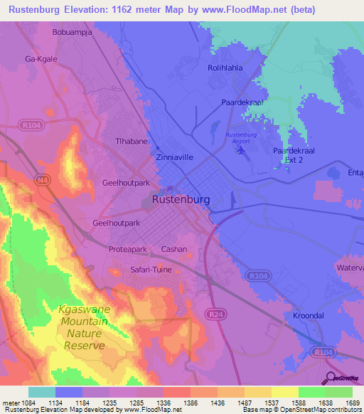 Rustenburg,South Africa Elevation Map