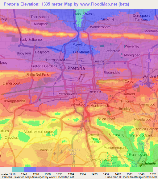 Pretoria,South Africa Elevation Map