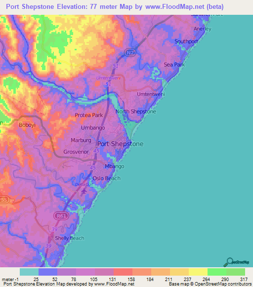 Port Shepstone,South Africa Elevation Map