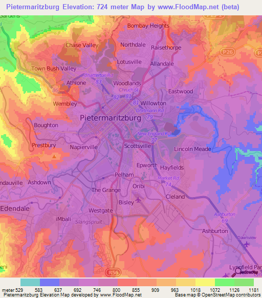 Pietermaritzburg,South Africa Elevation Map