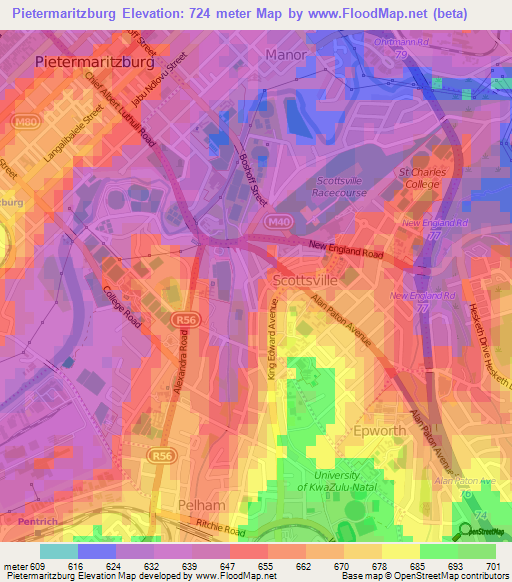 Pietermaritzburg,South Africa Elevation Map