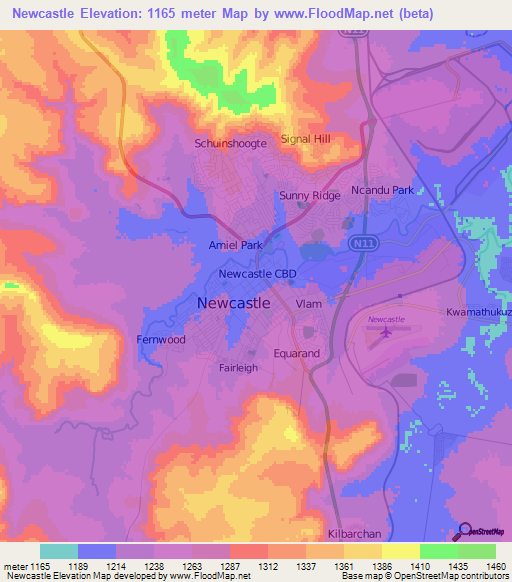 Newcastle,South Africa Elevation Map
