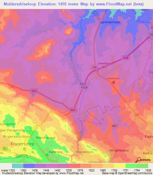 Muldersdriseloop,South Africa Elevation Map