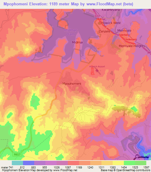 Mpophomeni,South Africa Elevation Map