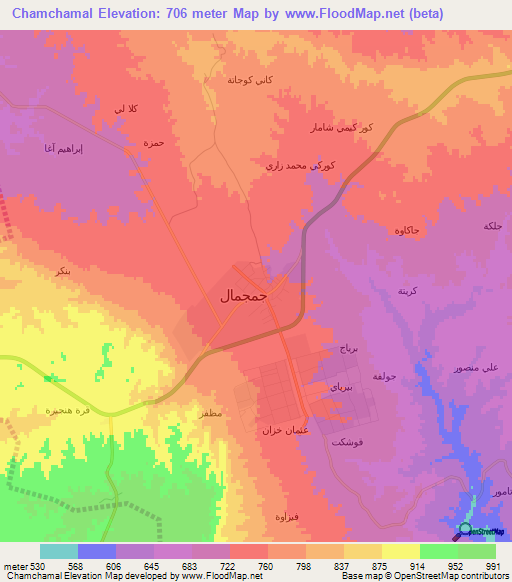 Chamchamal,Iraq Elevation Map