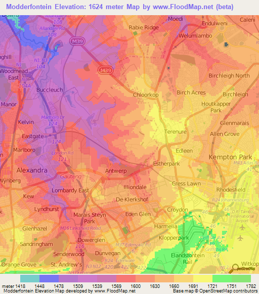 Modderfontein,South Africa Elevation Map