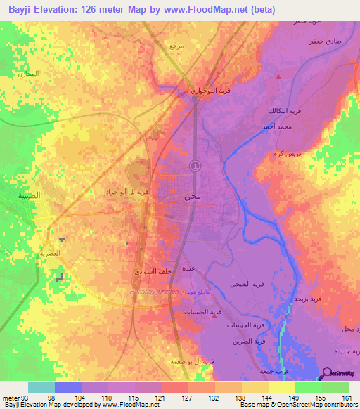 Bayji,Iraq Elevation Map