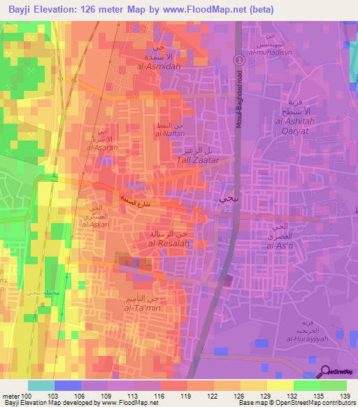 Bayji,Iraq Elevation Map