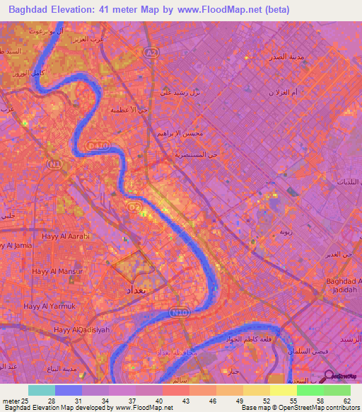 Baghdad,Iraq Elevation Map