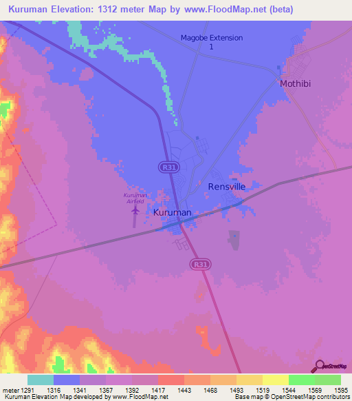 Kuruman,South Africa Elevation Map