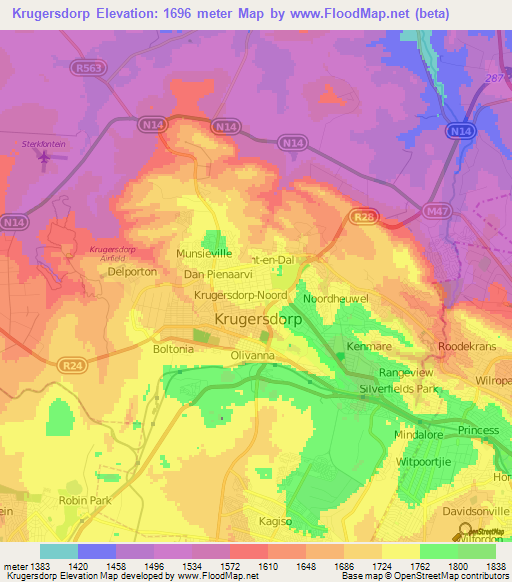 Krugersdorp,South Africa Elevation Map