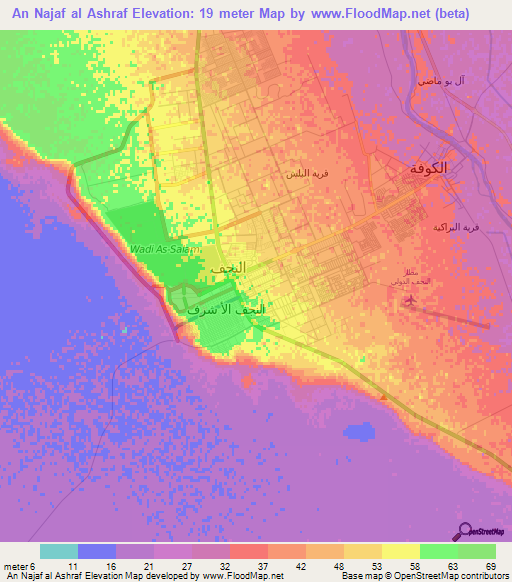 An Najaf al Ashraf,Iraq Elevation Map