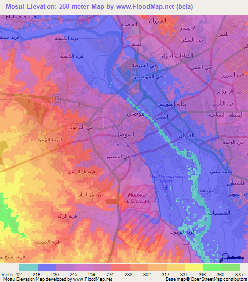 Mosul,Iraq Elevation Map