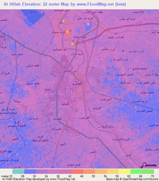 Al Hillah,Iraq Elevation Map