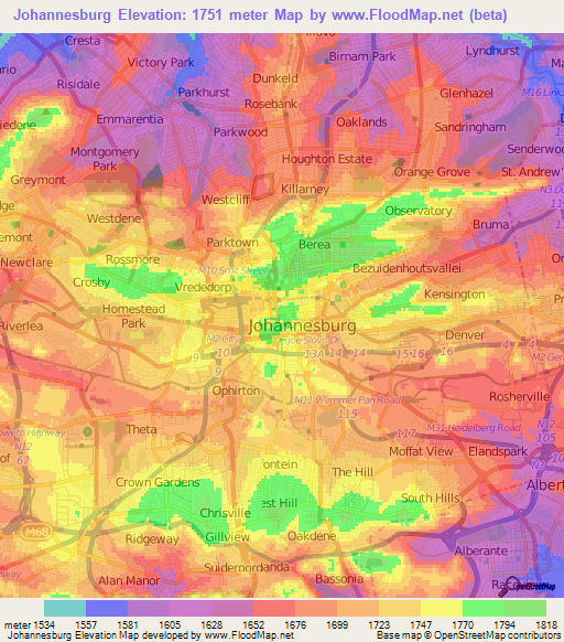 Johannesburg,South Africa Elevation Map