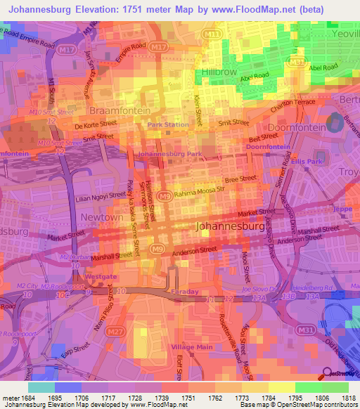 Johannesburg,South Africa Elevation Map