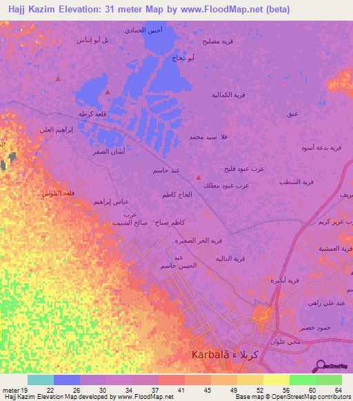 Hajj Kazim,Iraq Elevation Map