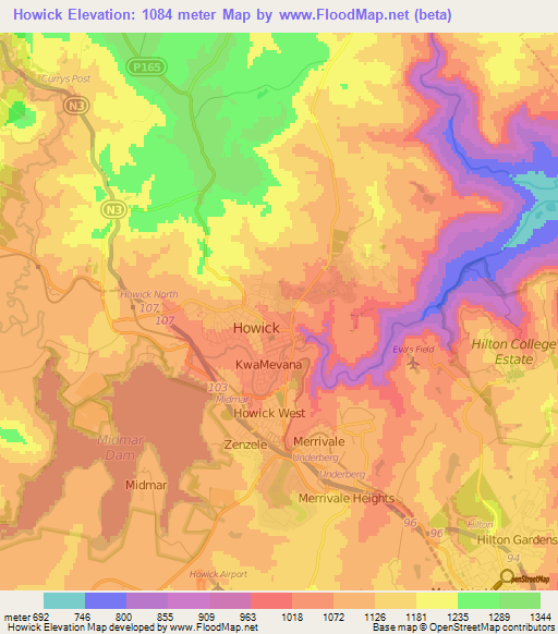 Howick,South Africa Elevation Map