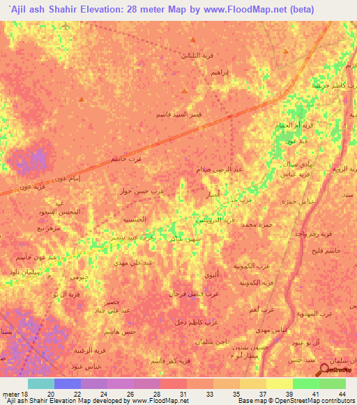 `Ajil ash Shahir,Iraq Elevation Map