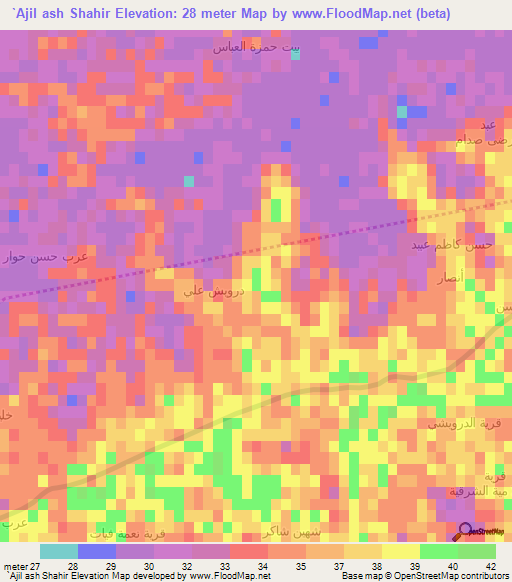 `Ajil ash Shahir,Iraq Elevation Map