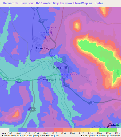 Harrismith,South Africa Elevation Map