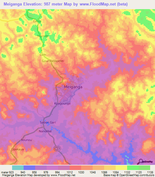 Meiganga,Cameroon Elevation Map