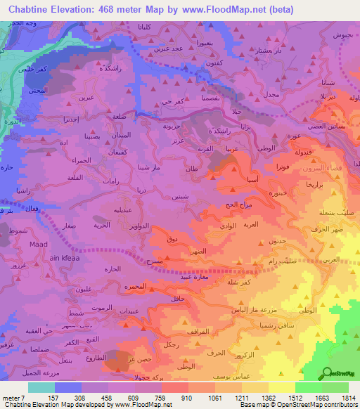 Chabtine,Lebanon Elevation Map