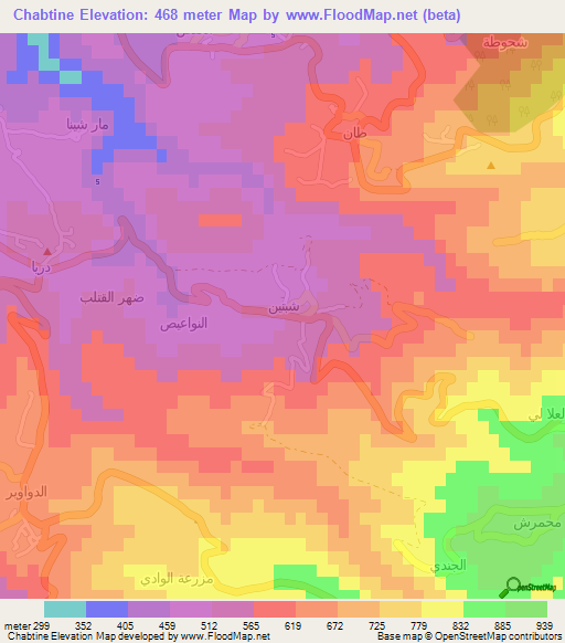 Chabtine,Lebanon Elevation Map