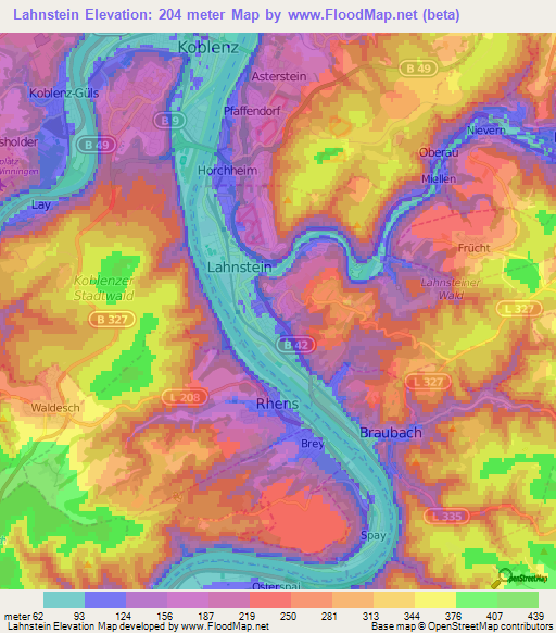 Lahnstein,Germany Elevation Map