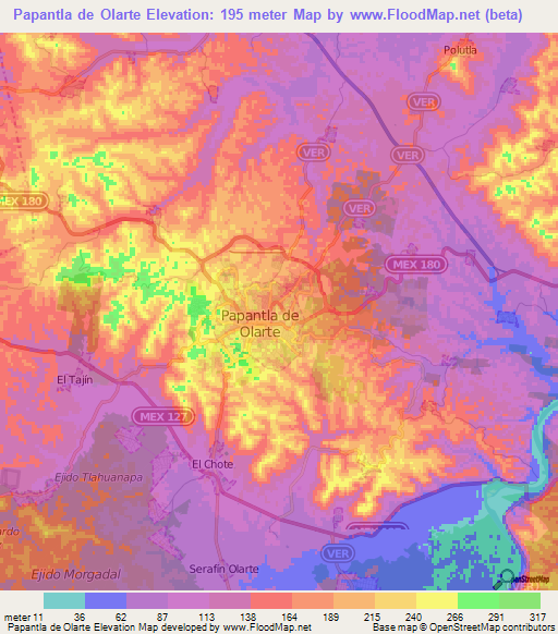 Papantla de Olarte,Mexico Elevation Map