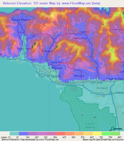 Belmont,Trinidad and Tobago Elevation Map