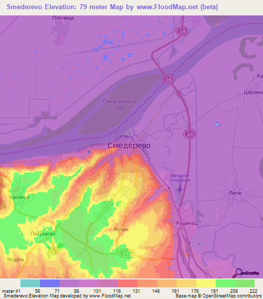 Smederevo,Serbia Elevation Map