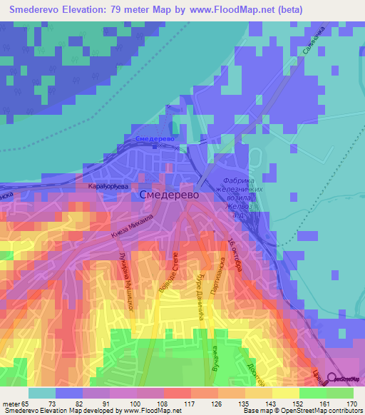 Smederevo,Serbia Elevation Map